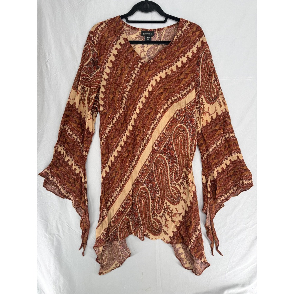 Lane Bryant Paisley Handkerchief Hem Tunic Top Bell Sleeve Brown Plus 18/20